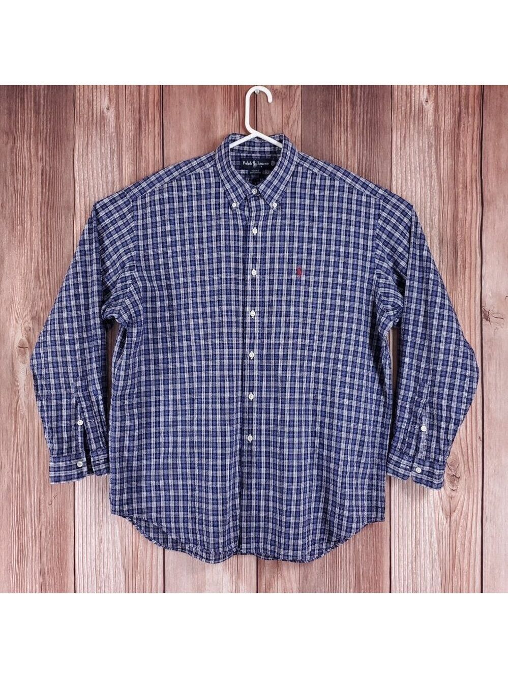 Vtg Ralph Lauren Blaire Seersucker Mens XL Blue White Plaid LS Button Down Shirt - Picture 1 of 12
